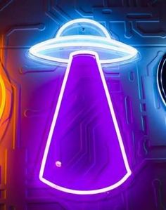 two neon signs that are next to each other on a wall in the shape of an alien ship