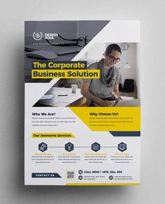 the corporate business flyer template is shown in yellow and black colors, with an image of a man working on his laptop