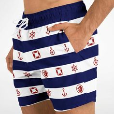 Get ready to soak up the sun in our Maris Equi Men's Nautical Swim Shorts. Designed for comfort and performance, this swimsuit is perfect for all your aquatic adventures. Mix and match with our coordinating shirts, flip flops, and swim briefs to create your own signature beach look. Shop now and make waves with Maris Equi! These swim trunks are handmade after you order them. Please allow 2 weeks for delivery. This suit has a lot of stretch and is very size friendly. If you want a tighter look, s Soak Up The Sun, Make Waves, Mens Swim Shorts, Swim Brief, Beach Look, Man Swimming, Swim Trunks, Board Shorts, Swim Shorts