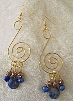 Curves Beaded Earrings $10 Blue Metal Beaded Earrings Wire Wrapped, Blue Wire Wrapped Beaded Metal Earrings, Blue Copper Wire Wrapped Earrings, Bohemian Gold Wrap Earrings With Copper Wire, Blue Wire Wrapped Copper Earrings, Blue Copper Wire Earrings With Ear Wire, Unique Gold Wire Wrapped Beaded Earrings, Chainmail Anklet, Wire Figures