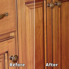 before and after pictures of kitchen cabinets with knobs on the handles, left to right