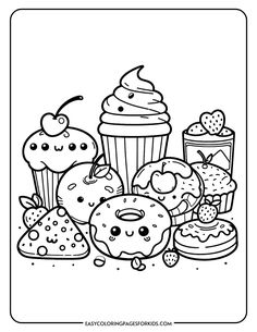 Cute cartoon-style coloring page featuring various desserts, including cupcakes, donuts, and fruit, designed for kids' coloring activities. Cute Drawings Without Color, Drawing Without Color, Cooking Coloring Pages, Food Colouring Pages, Cute Pictures To Color, Sweets Coloring Pages, Food Coloring Pages Free Printable, Food Coloring Sheets, Cute Food Coloring Pages