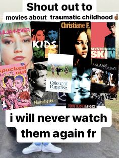 a person standing in front of a bunch of movies with the words i will never watch them again