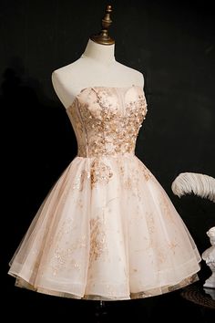 Prom Dress Puffy, Champagne Homecoming Dresses, Strapless Homecoming Dresses, Dama Dresses, Professional Dress, Lace Party Dresses, Lace Strapless, Short Homecoming Dress, Short Prom Dress