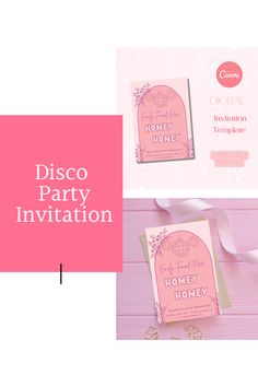 a pink and white party card with the words disco party invitation on it's side