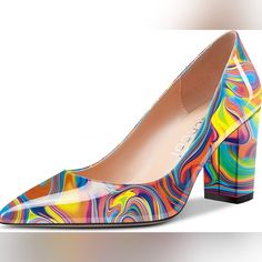 Slip-On Patent Leather Upper. Pointed Toe. Slightly Padded Sole Rubber Outer Sole Chucky Heel Heel 3" New Multicolor Medium Width Heels For Spring, Spring Multicolor Medium Width Heels, Rainbow Pointed Toe Heels, Orange Almond Toe Heels For Summer, Colorful Vibrant Heels With Round Toe, Colorful Trendy Pointed Toe Heels, Colorful Vibrant Round Toe Heels, Vibrant Colorful Round Toe Heels, Block Heel Pumps