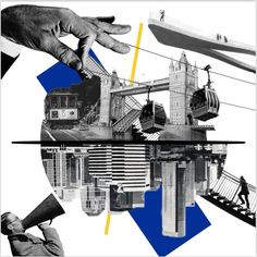 the collage shows people and buildings in black and white, with blue squares around them