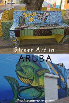 there is a bench that has been painted on the side of a building and it says street art in aruba