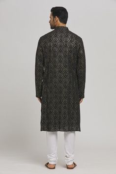 Black cotton kurta with sequins and thread embroidery. Comes with churidar. - Aza Fashions Black Chanderi Sherwani With Chikankari Embroidery, Black Chikankari Chanderi Sherwani, Black Traditional Wear With Chikankari Embroidery For Reception, Self Design Kurta For Diwali Reception, Self Design Kurta For Reception And Diwali, Straight Kurta With Self Design For Reception, Traditional Kurta With Self Design For Reception, Traditional Self-design Kurta For Reception, Boys Kurta