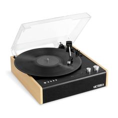 a record player with an open case on top