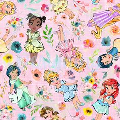 disney princesses on pink background with flowers