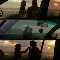 two people standing next to each other in front of a car with the sun setting