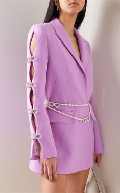 Holly Purple Oversized Blazer with Rhinestone Bowtie and Pearl Chain - ALLARA Korean Mini Dress, Womens Dress Suits, Elegante Casual, Mini Dresses For Women, Looks Chic, Long Sleeve Mini, Stretch Dress, Cutout Dress, Dress Suits