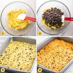 four images showing how to make chocolate chip cake batter