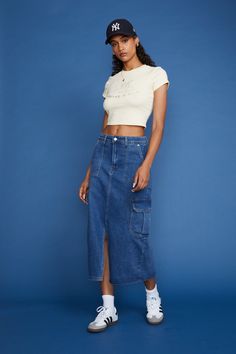 Long Denim Cargo Skirt Outfit, Cargo Denim Skirt, Denim Cargo Skirt, Midi Jean Skirt, Pantalon Boyfriend, Casual Trendy Outfits, George Daniel