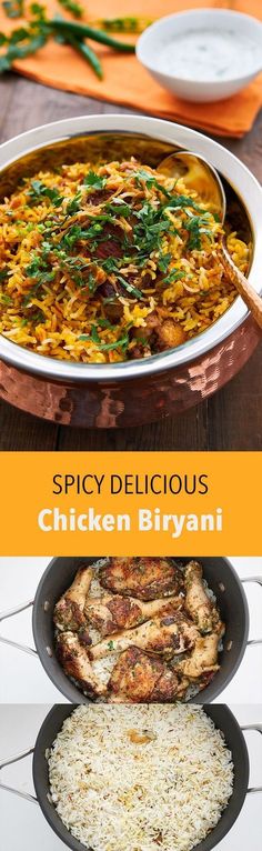 chicken biriyani in a pan with the words spicy delicious chicken biriyani