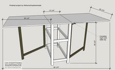 a drawing of a table with measurements for the top and bottom section, including two shelves