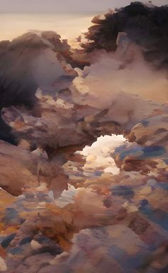 an abstract painting of rocks and clouds in the sky, with water below them that looks like they are floating on land