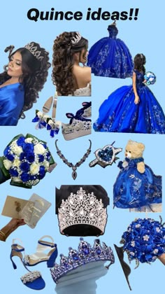 a collage of blue dresses and tiaras with the words quince ideas