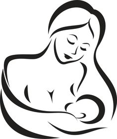 a black and white drawing of a mother holding her baby in her arms, on a white background