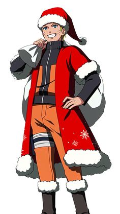 an anime character dressed as santa claus with his hands on his hips and smiling at the camera