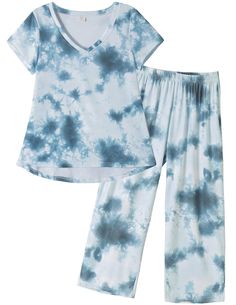 PRICES MAY VARY. ☀Material: Polyester fiber. The capri pajama sets are breathable, skin-friendly and stress-free, ultra soft and super comfy. ☀Top: Short sleeve with tie dye print, v neck, loose style, very beautiful and unique. ☀Bottoms: The capri pajama pants design with lovely pattern, perfect for sleep in, lounge wear. ☀Occasion: Suit for spring, summer, autumn and winter, perfect for traveling,lounging around the house or layering on as sleepwear. ☀The sleep set will also be a perfect birth Plus Size Sleepwear, Comfortable Pajamas, Grey Tie Dye, Top Outfit, Grey Tie, Sleep Set, Print Pajamas, Loungewear Set, Pants Design