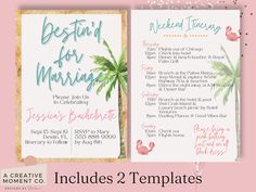 the wedding program is displayed on a pink background with palm trees and watercolor paint