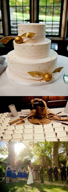 the wedding cake is decorated with gold leaves