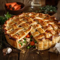 a pie sitting on top of a wooden table next to carrots and other vegetables