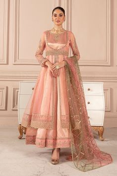 Blush Pink Embroidered Pakistani Pishwas Frock Dupatta Party Dress Pakistani Pishwas, Frock Pakistani, Long Frock, Fitted Sleeves, Long Frocks, Pink Canvas, Silk Trousers, Net Dupatta, Silk Dupatta