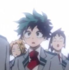 an anime scene with many people in suits and ties, one is holding his head up to the side