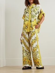 Alémais' 'Gisela' shirt is one for floral enthusiasts. It's cut from pure linen printed with buttercups and daisies and bordered with stripes. Complete a relaxed vacation look with the matching pants. Yellow Floral Print Silk Blouse, Yellow Floral Print Silk Tops, Yellow Silk Top With Floral Print, Yellow Silk Blouse With Floral Print, Linen Floral Print Blouse For Daywear, Daywear Linen Blouse With Floral Print, Linen Blouse With Floral Print For Daywear, Summer Style Guide, Striped Shirt Women