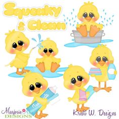 the baby ducks are playing in the water with their mom and dad's toys