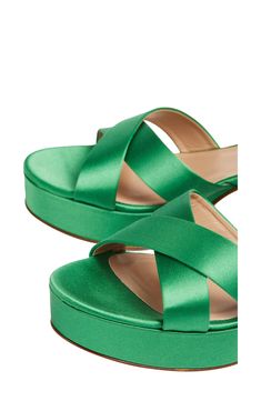 Sleek satin creates visual intrigue on an ankle-strap sandal balanced by a bold platform and wrapped block heel. 2 1/2" heel Textile upper/leather lining/synthetic sole Made in Italy Green Evening Sandals With Wrapped Heel, Green Block Heel Sandals For Evening, Green Evening Sandals With Block Heel, Green Platform Sandals For Evening, Elegant Green Platform Sandals, Lk Bennett, Block Heel Sandals, Royal Ascot, Block Heels Sandal