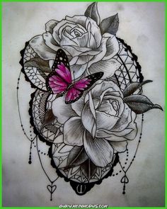 a drawing of roses with a butterfly on it