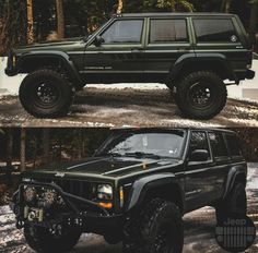 two pictures of the same vehicle in different stages of being driven on snow covered ground