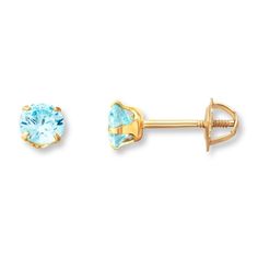 A round light blue cubic zirconia shines in each of these children's stud earrings, styled in 14K yellow gold. Perfect for a March birthday, the earrings secure with screw backs. Create Account, Gold Stock, March Birthday, Jewelry Education, Jewelry Advice, Round Light, Blue Gems, Earrings Blue, Accessories Jewelry Earrings