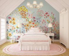 a bedroom decorated in pastel colors with flowers painted on the walls and flooring