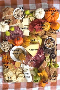 a table topped with lots of different types of food on top of a checkered table cloth