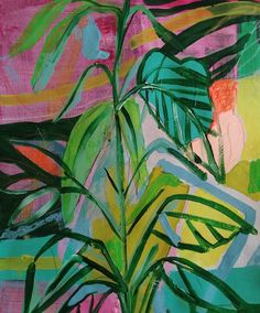 an abstract painting with green leaves and pink background