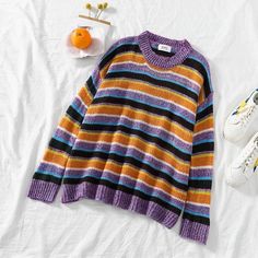 Vintage Rainbow Striped Knitted Sweater – Tomscloth Retro Striped Knitted Sweater, Casual Fall Sweater In Acrylic Yarn, Retro Knitted Acrylic Sweater, Casual Chunky Knit Sweater In Acrylic Yarn, Casual Chunky Knit Acrylic Yarn Sweater, Casual Striped Knitted Sweater, Purple Knitted Acrylic Sweater, Casual Knitted Acrylic Sweater, Casual Striped Acrylic Sweater