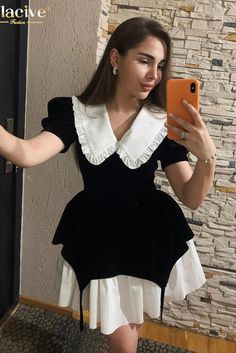 49413954339126|49413954371894|49413954404662 Black Ruffled Retro Dress, Chic Fitted Mini Dress With Doll Collar, Elegant Black Mini Dress With Doll Collar, Elegant White Mini Dress With Doll Collar, Doll Collar Mini Dress With Ruffles, Elegant Patchwork Mini Dress, Black Patchwork Knee-length Mini Dress, White Short Sleeve Patchwork Mini Dress, White Patchwork Short Sleeve Mini Dress