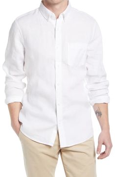 NORDSTROM Trim Fit Solid Linen Button-Down Shirt | Nordstrom Summer Family Photos, Family Photoshoot Outfits, Khaki Chino Pants, White Button Down Shirt, Family Photo Outfits, Every Color, Photo Outfit, Outfit Combinations, Button Down Dress