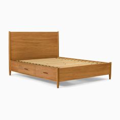 a wooden bed frame with two drawers on the bottom and one drawer at the foot