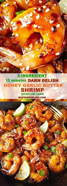 the recipe for honey shrimp is shown in two different pictures