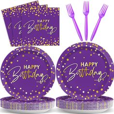 purple and gold happy birthday party supplies with confetti plates, forks and napkins