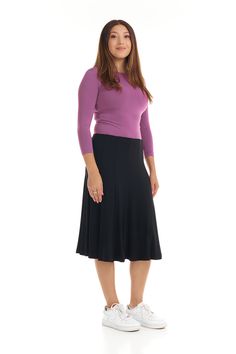 The Black Florence A-line skirt is a simple yet stylish, and flattering, below knee length panel skirt. It is made of a soft, stretchy fabric that is lightweight, comfortable and has fabulous flare. A nice fabric to dress up for the holidays, or dress down for work. Modest / Tznius A-line flary modest skirt Pull-on closure No pockets No slits Below knee-length Skirt length: Sizes XS-S: 24" M-L: 25" XL: 25.5" 1X-3X: 26" Machine wash cold inside out, hang/line to dry Slim models range from 5'5 - 5 Modest Skirt, Panel Skirt, Modest Skirts, Paneled Skirt, Knee Length Skirt, Cool Fabric, Dressed Down, A Line Skirt, Stretchy Fabric