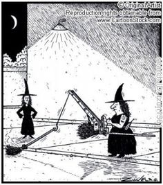 a cartoon strip with witches on the ground and one witch is holding an object in her hand