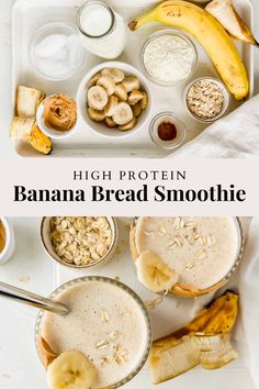 high protein banana bread smoothie recipe with bananas and oatmeal in bowls