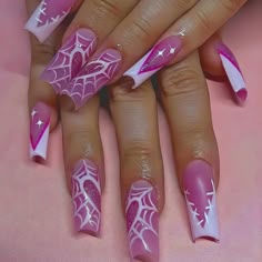 24pcs Halloween Long Ballerina Fake Nails With White French Tip And Pink Spider Web Glitter Heart Design - Sweet And Cool False Nails For Women Brand New Never Worn! Nagellack Trends, Fall Nail Trends, Nail Swag, Fall Nail Art, Halloween Nail Art, Birthday Nails